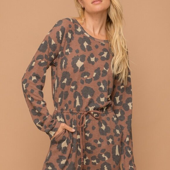 HEM & THREAD Brown Leopard Print Long Sleeve Romper, Soft Knit Lounge Jumpsuit - Picture 6 of 8